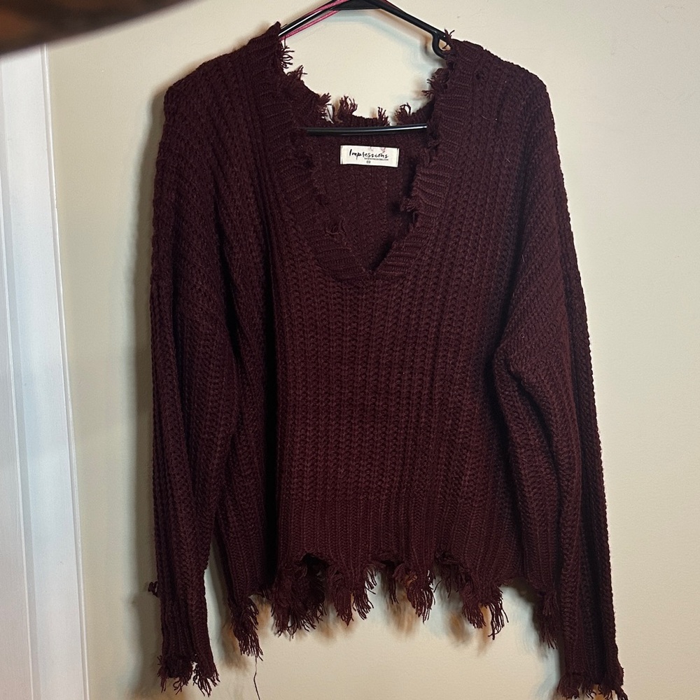 Impressions Distressed Burgundy V-Neck Sweater with Frayed Hem